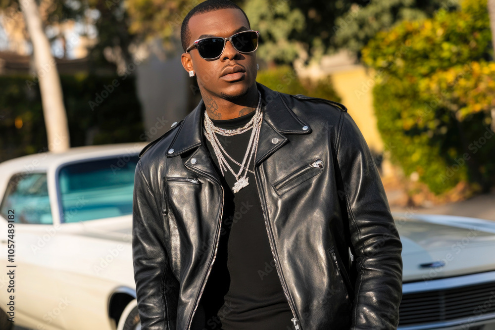 Stylish man in black leather jacket and sunglasses standing by vintage car Stylish man in black leather jacket and sunglasses standing by vintage car