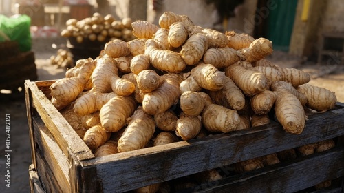 Fresh ginger at vegetable market stall, Washed heap of ginger roots stacked in box, A flowering plant whose rhizome is widely used as a spice and a folk medicine