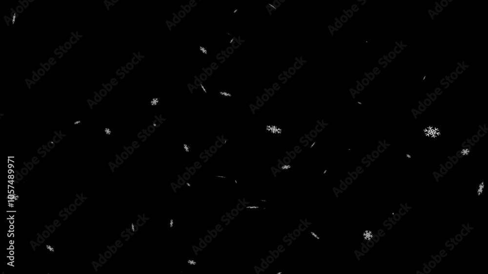 Snowfall motion graphic with alpha channel. White snowflake falling down animated on transparent background. Snow, winter, christmas, particle.