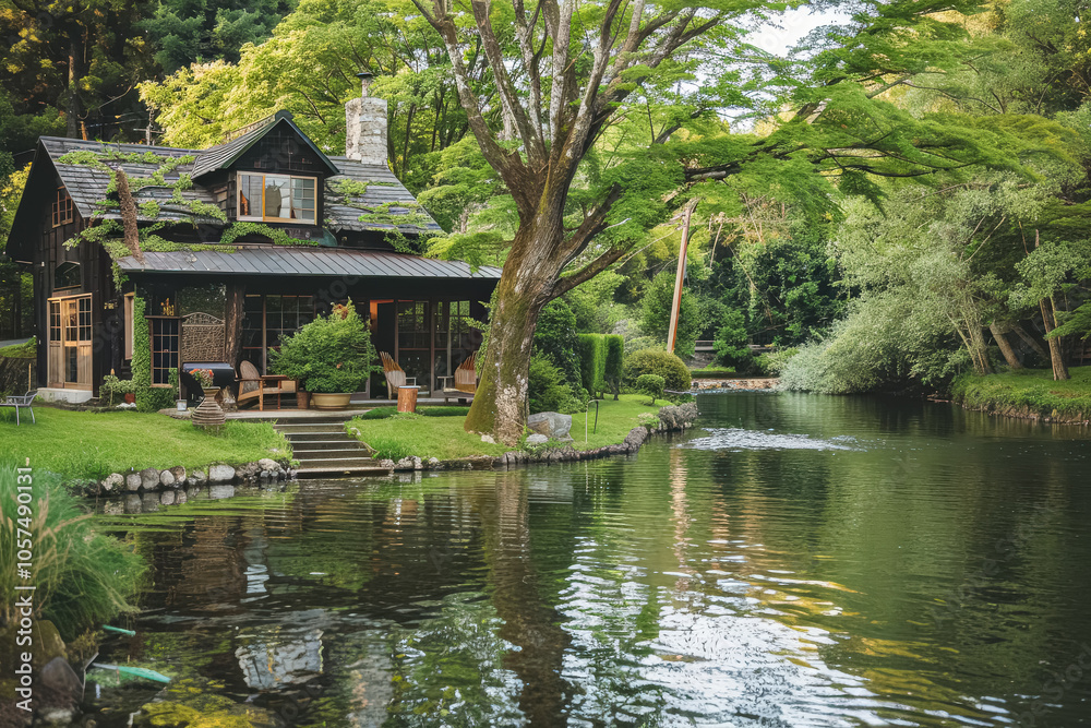 Small cabin is situated next to a river. The cabin is surrounded by trees and the river is calm. The scene is peaceful and serene Small cabin is situated next to a river. The cabin is surrounded by trees and the river is calm. The scene is peaceful and serene