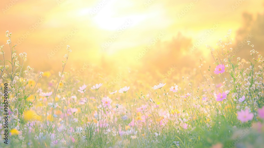 Sunlit meadow with wildflowers blooming in a golden sunrise landscape Sunlit meadow with wildflowers blooming in a golden sunrise landscape