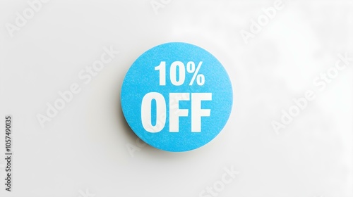 White '10% OFF' Text on a Light Blue Round Paper Note. White Background with Copy Space