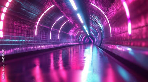 A futuristic tunnel illuminated with vibrant neon lights reflecting on a wet surface.