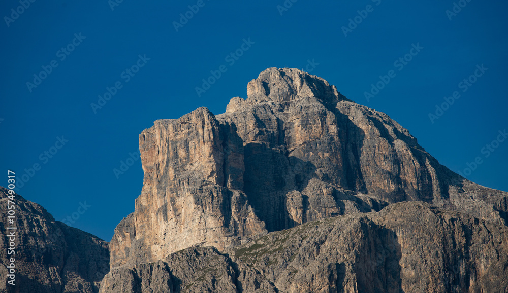 Fototapeta premium Panoramic view of Gruppo del Sella, Sellagruppe, and Pisciadu Hut view from Colfosco, Calfusch in Alta Badia Valley, Dolomites , Trentino, Alto Adige, Sudtirol, South Tyrol, Italy