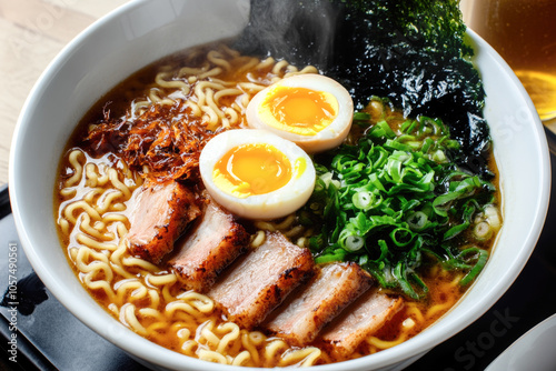 Delicious ramen bowl with soft-boiled eggs, pork, seaweed, and scallions in flavorful broth photo