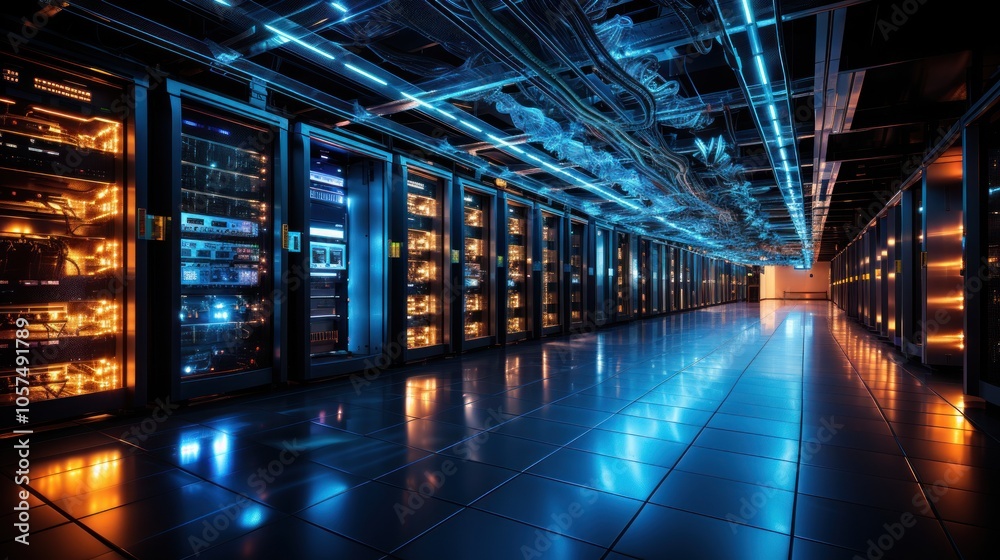 A modern data center with illuminated server racks and organized cabling.