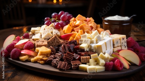 A Rustic Wooden Board Filled with an Assortment of Cheeses, Apples, Raspberries, and Pecans, Featuring a Small Bowl of Creamy Dip