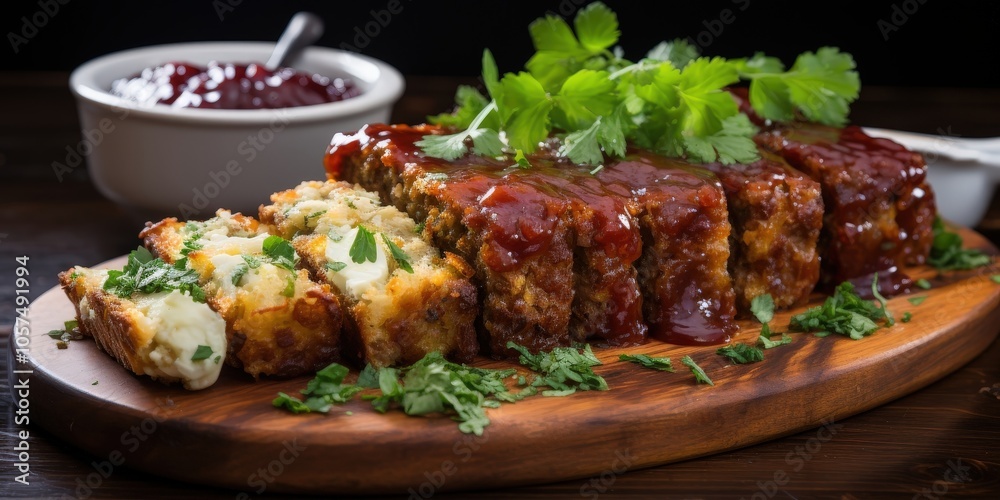 A Sliced Meatloaf With a Sweet and Savory Glaze, Served on a Wooden Board With Parsley Garnish A Sliced Meatloaf With a Sweet and Savory Glaze, Served on a Wooden Board With Parsley Garnish
