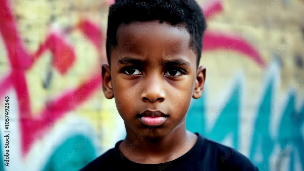 Portrait of a serious young Black boy against a graffiti wall, close-up shot Portrait of a serious young Black boy against a graffiti wall, close-up shot