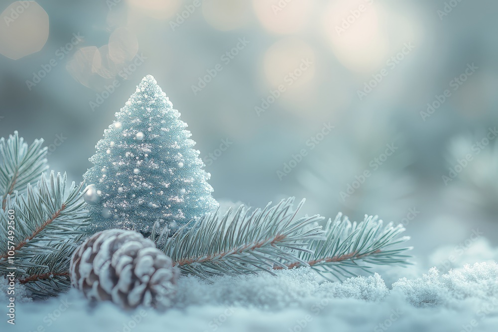 Small Christmas tree and pine branches with decorations on a silver-blue bokeh background, creating a festive winter wonderland atmosphere. Small Christmas tree and pine branches with decorations on a silver-blue bokeh background, creating a festive winter wonderland atmosphere.