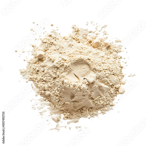 A close-up shot of a pile of light beige protein powder on a white surface. photo