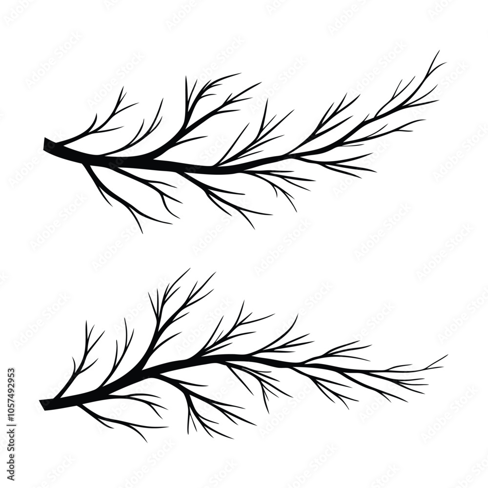 Obraz premium Minimalist Vector Tree Branch Silhouettes in Black, Simple Flat Design with No Shading on White Background