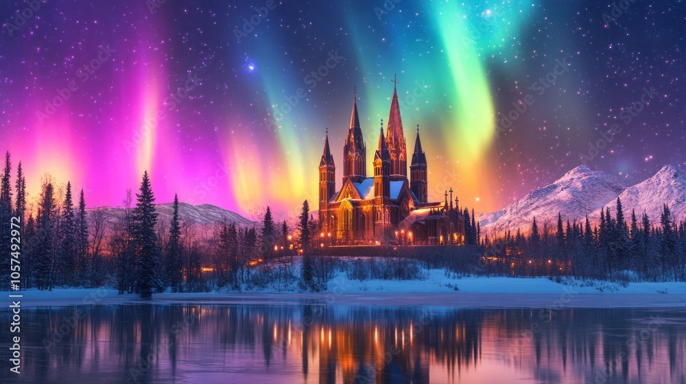 Fototapeta premium A breathtaking Catholic church set against a vibrant aurora borealis sky. 
