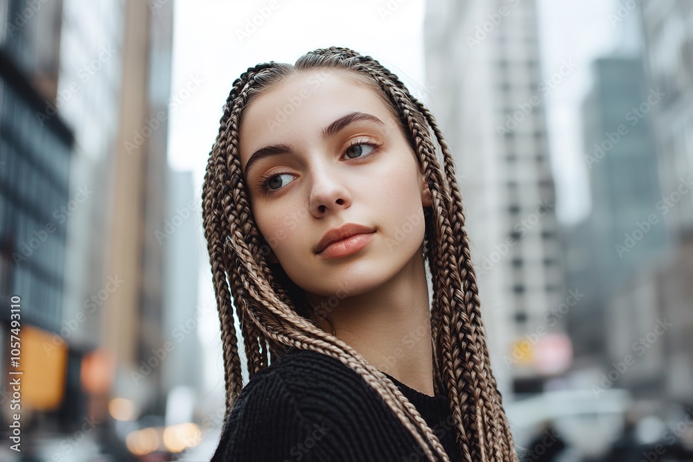 Young woman with braids in urban setting, serene look. Young woman with braids in urban setting, serene look.