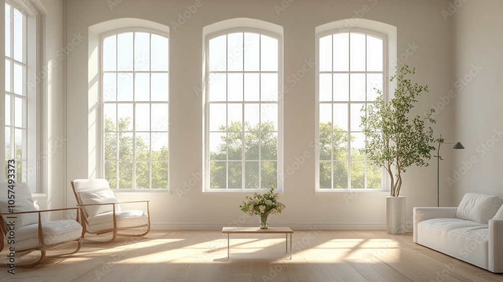 Fototapeta premium A bright and airy living room with white walls, 