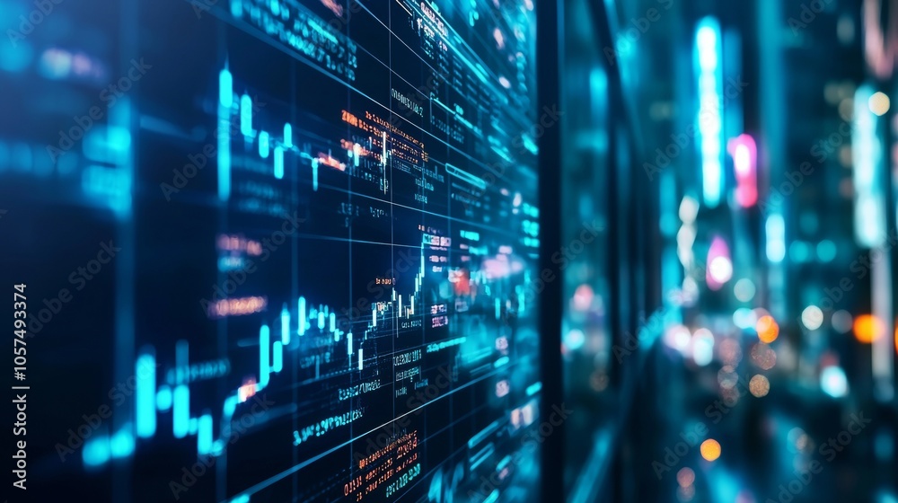 Digital stock market chart with city lights in background Digital stock market chart with city lights in background