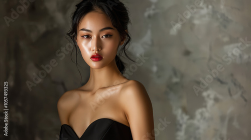 Beautiful Asian fashion model in a sophisticated bodycon dress