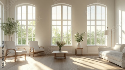 A bright and airy living room with white walls, 