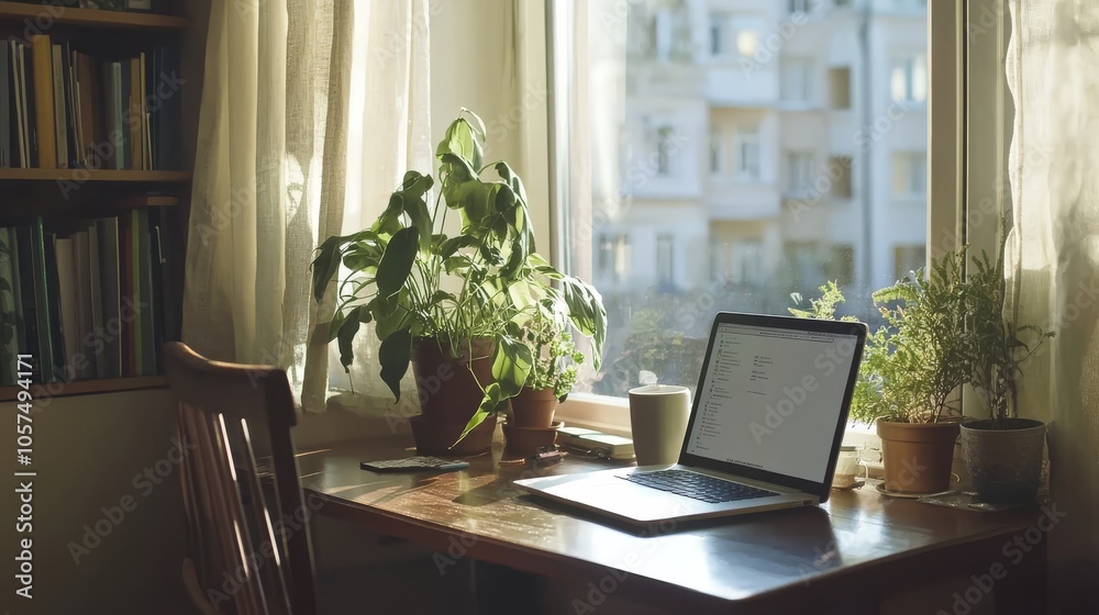 A stylish home office with a minimalistic setup a laptop, coffee cup, and plants on a desk near a bright window, cozy chair in a contemporary apartment, peaceful and productive ambiance A stylish home office with a minimalistic setup a laptop, coffee cup, and plants on a desk near a bright window, cozy chair in a contemporary apartment, peaceful and productive ambiance