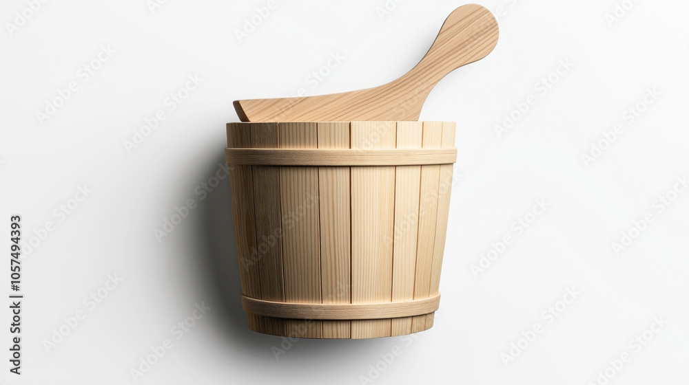 Wooden sauna bucket with ladle against a plain white background, showcasing traditional sauna accessories for wellness and relaxation purposes. Wooden sauna bucket with ladle against a plain white background, showcasing traditional sauna accessories for wellness and relaxation purposes.