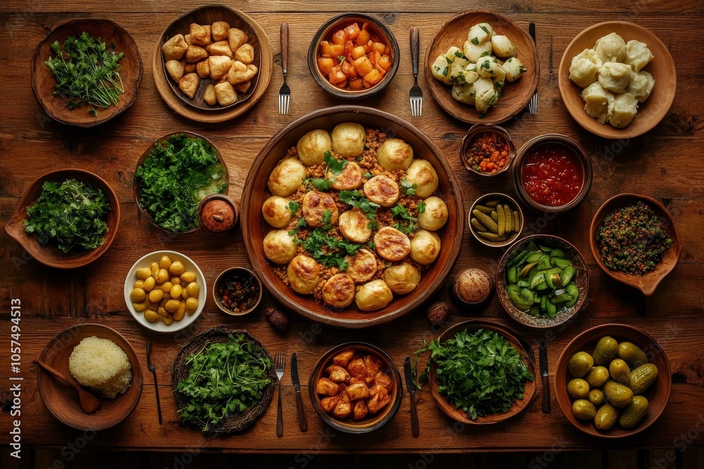 A vibrant spread of traditional dishes served on a wooden table during a festive gathering with family and friends A vibrant spread of traditional dishes served on a wooden table during a festive gathering with family and friends