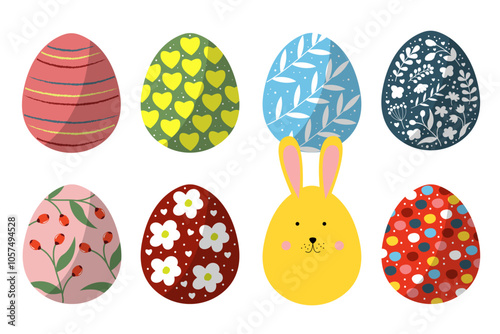 Colorful easter eggs with hare, set collection isolated icon on white background. Happy easter vector illustration