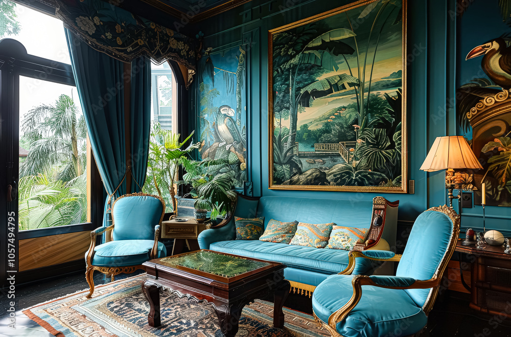 Fototapeta premium Large, brightly colored room with a jungle theme. The walls are painted in a deep green color, and there are many plants and vases throughout the space. The furniture is made of blue and gold