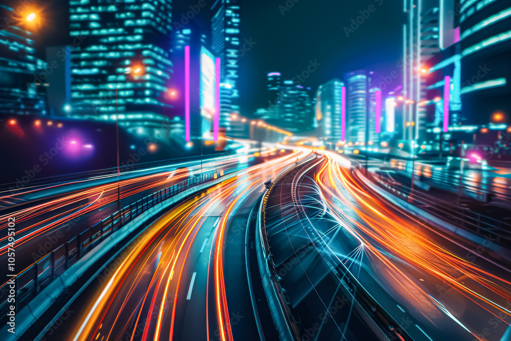 Cityscape with a highway in the middle and a bright city skyline. The highway is lit up with bright lights, creating a sense of movement and energy. The cityscape is bustling with activity Cityscape with a highway in the middle and a bright city skyline. The highway is lit up with bright lights, creating a sense of movement and energy. The cityscape is bustling with activity