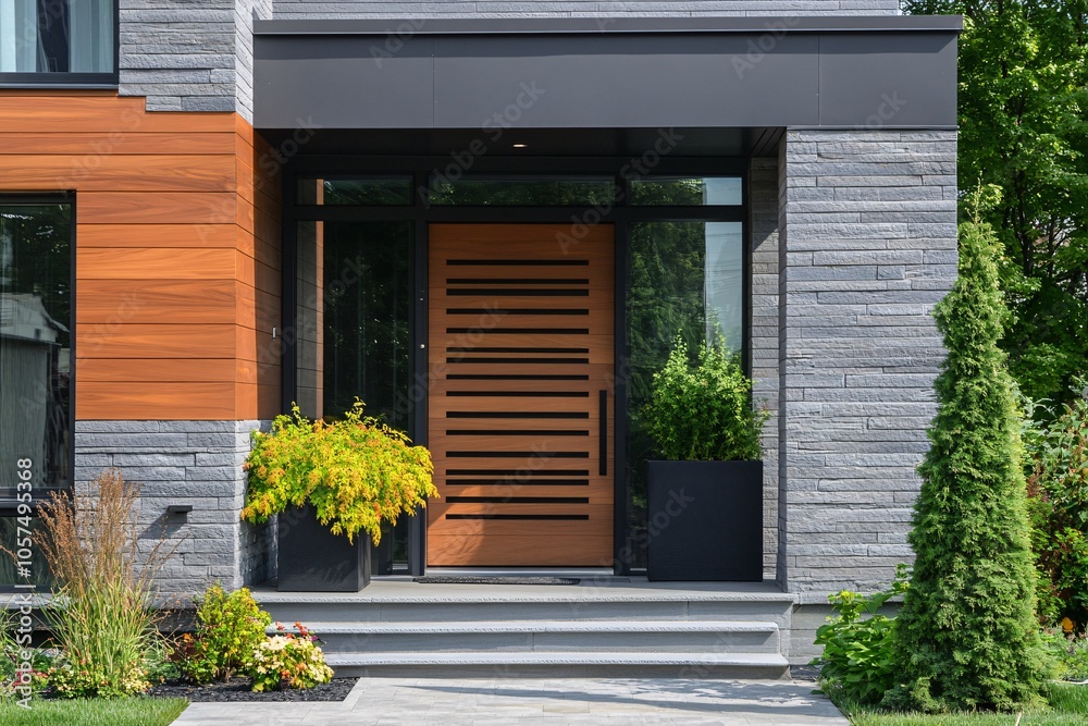 Modern residential entrance featuring a striking orange door, sleek design, and vibrant landscaping in a suburban neighborhood on a sunny day Modern residential entrance featuring a striking orange door, sleek design, and vibrant landscaping in a suburban neighborhood on a sunny day