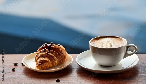 breakfast with cappuccino and creamy croissant in the mountains photo