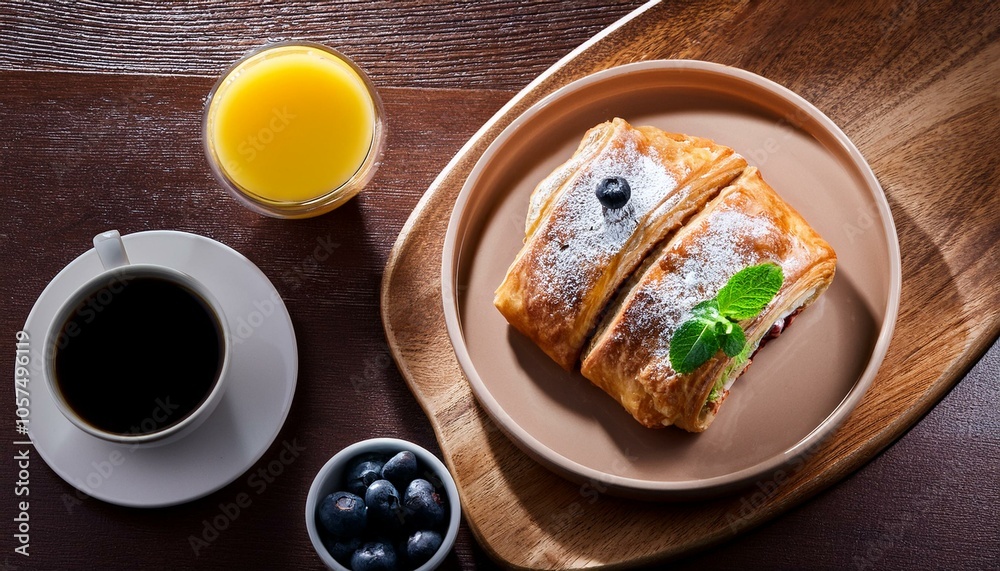 breakfast with strudel and coffee on brown table, aerial view breakfast with strudel and coffee on brown table, aerial view