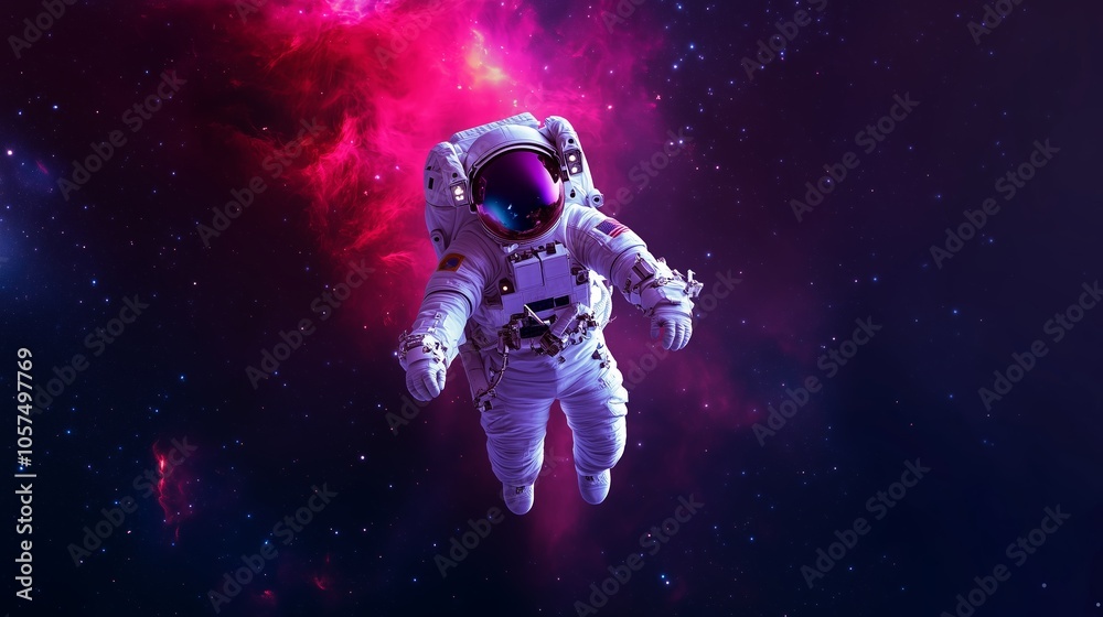 Fototapeta premium An astronaut floats amidst vibrant cosmic colors in the expansive depths of outer space, showcasing the wonders of the universe at an unknown time