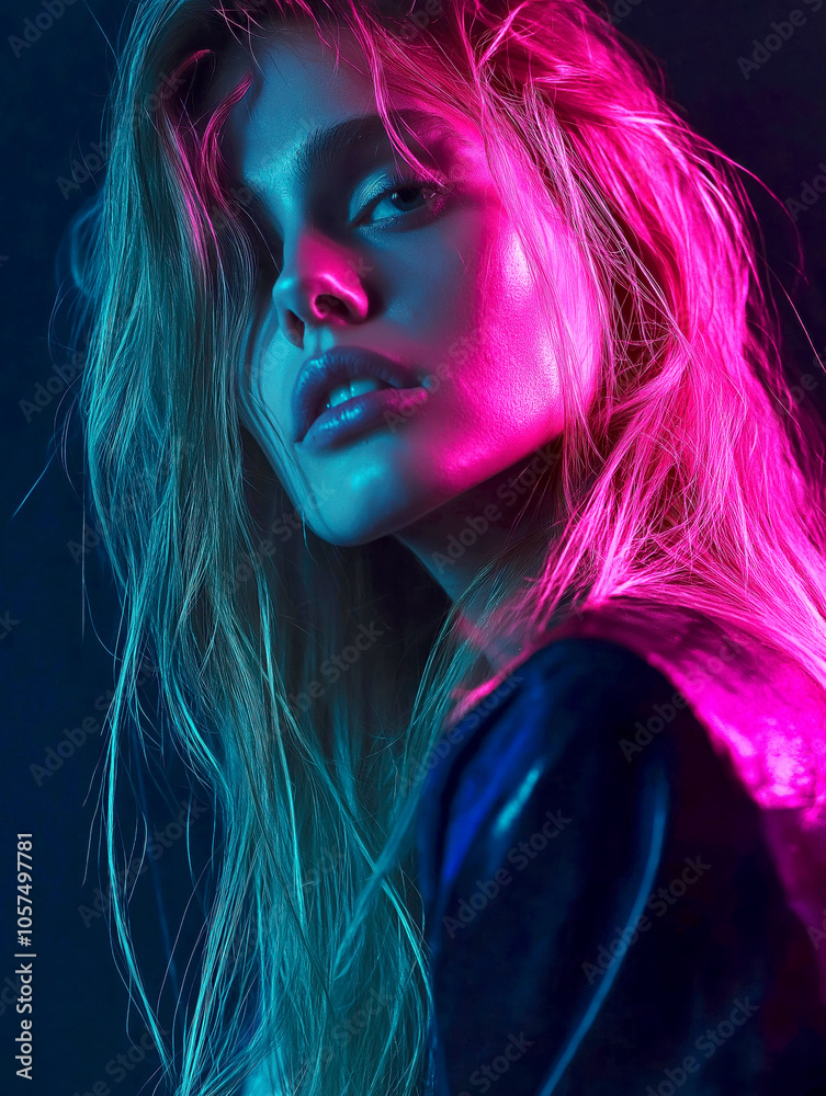 A stylish woman illuminated by vibrant neon lights, showcasing her beauty and expression in a striking and artistic composition A stylish woman illuminated by vibrant neon lights, showcasing her beauty and expression in a striking and artistic composition