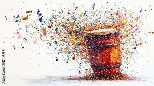 A rustic, wooden barrel drum set amidst a vibrant explosion of colorful musical notes, illustrating a blend of traditional craftsmanship with modern musical vibrance. photo