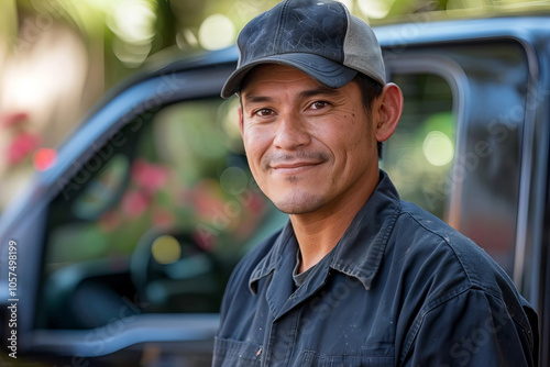 Confident pest control worker in cap posing next to truck