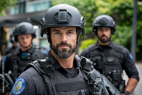 Police officers preparing to enter a building for a planned arrest, showcasing teamwork and strategy in high-stakes situations, symbolizing readiness and unity