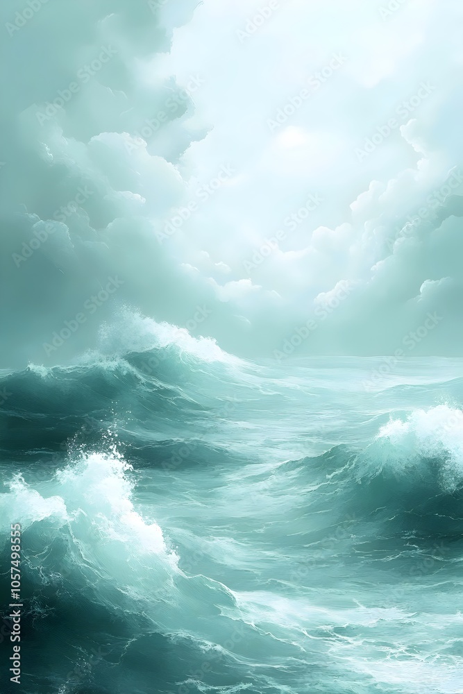 A serene seascape depicts rolling waves in varying shades of teal and turquoise, beneath a sky filled with soft, billowing clouds, creating a tranquil atmosphere. A serene seascape depicts rolling waves in varying shades of teal and turquoise, beneath a sky filled with soft, billowing clouds, creating a tranquil atmosphere.