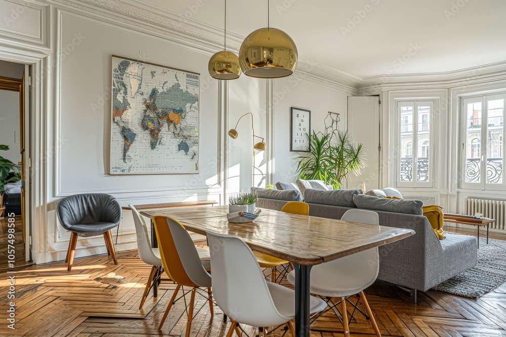 Large room with a white wall and a gold chandelier. A map is hanging on the wall. The room has a modern and elegant feel Large room with a white wall and a gold chandelier. A map is hanging on the wall. The room has a modern and elegant feel