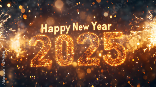 Celebration of Year 2025 in black background with golden words, graphic, design 