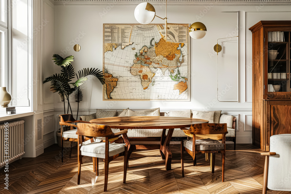 Fototapeta premium Large room with a white wall and a gold chandelier. A map is hanging on the wall. The room has a modern and elegant feel