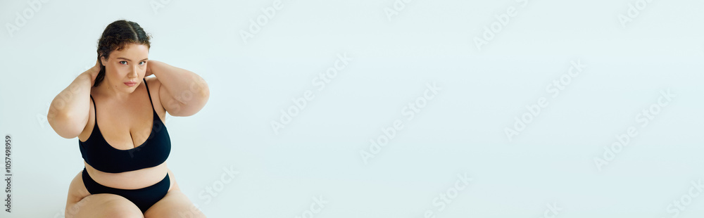 A confident plus size woman poses gracefully, embracing her beauty in a bright space. A confident plus size woman poses gracefully, embracing her beauty in a bright space.