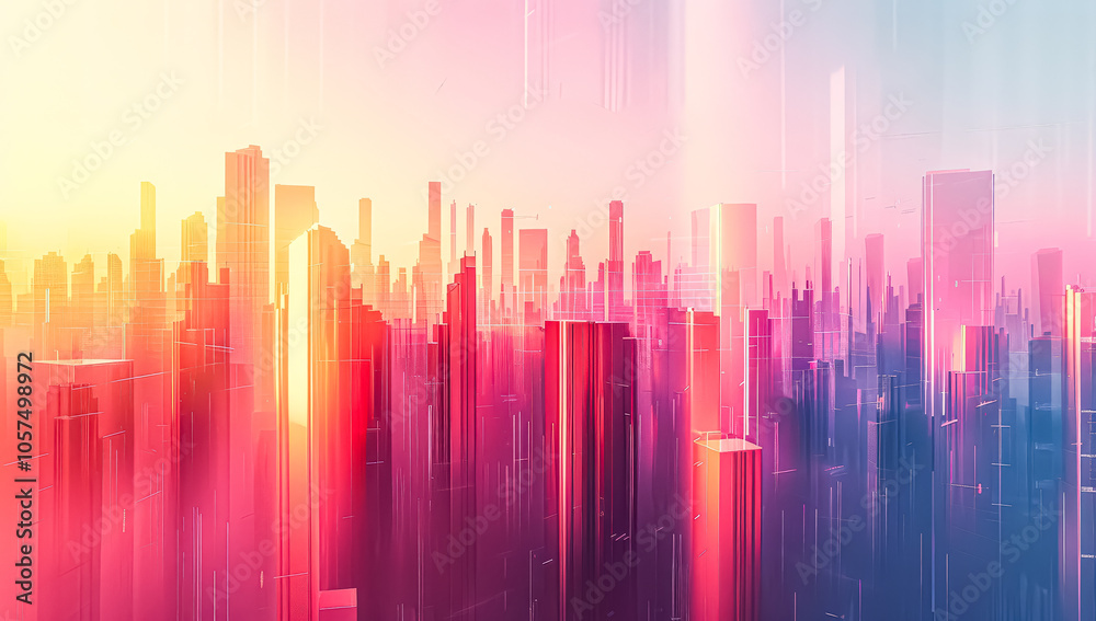 Colorful cityscape with buildings in the background and a bright sun in the foreground. The colors are vibrant and the sun is shining brightly, creating a warm and inviting atmosphere Colorful cityscape with buildings in the background and a bright sun in the foreground. The colors are vibrant and the sun is shining brightly, creating a warm and inviting atmosphere