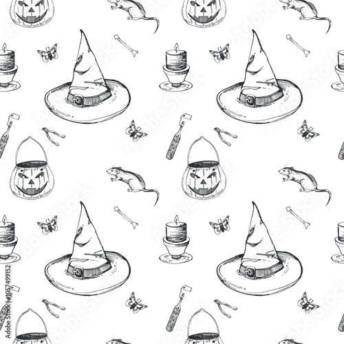 Seamless pattern for Halloween. Hat, pumpkin basket, rat, burning candle, butterfly. All objects are hand-drawn with ink and transferred to vector. For printing on fabric, paper, cards, invitations.