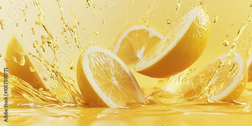 Slices of zesty lemon are soaring through the air, creating juice splashes against a bright and lively yellow backdrop. photo