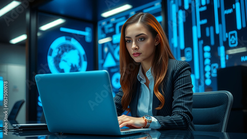 "Inside a high-tech office, a beautiful female IT officer is working on her laptop, with a background wall featuring neon blue lights and digital effects. 