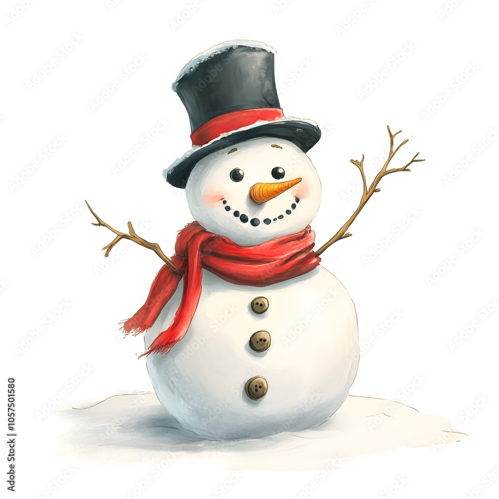 Cheerful Snowman with Red Scarf and Black Top Hat Illustration Cheerful Snowman with Red Scarf and Black Top Hat Illustration