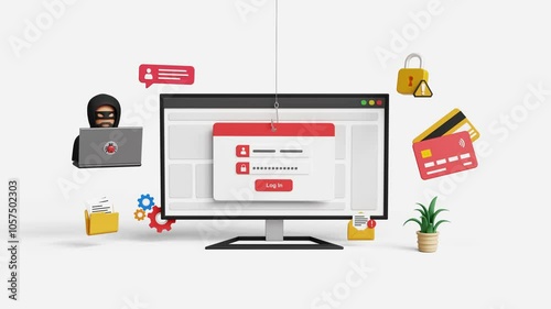 Phishing alert, hacking attack, personal data security. Personal information at risk, stealing username and password, cyber security concept. 3D fake login screen on a computer. 4K 3D animation