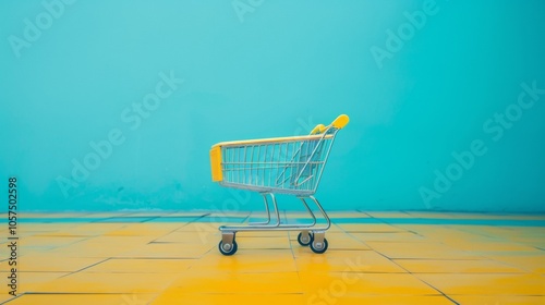 Wallpaper Mural Minimalist shopping cart on bright yellow and teal background Torontodigital.ca