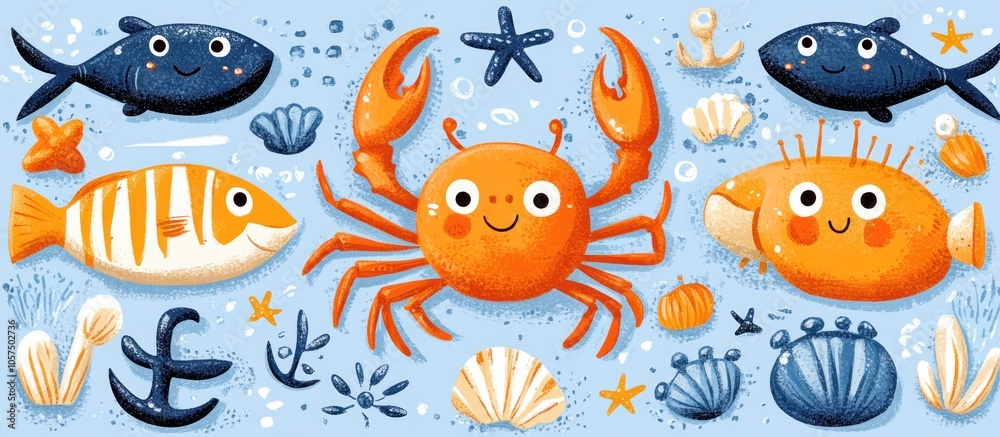 Colorful underwater scene featuring happy sea creatures and shells. Colorful underwater scene featuring happy sea creatures and shells.