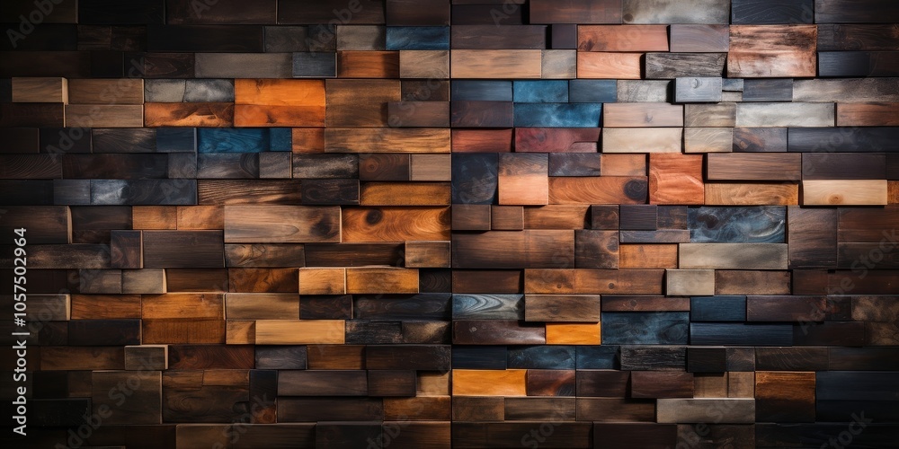 A rustic wall composed of various wood tones and textures, exhibiting a captivating interplay of light and shadow.